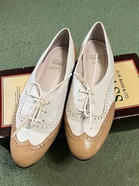 G.H. Bass & Co. Quinni Wingtip Oxfords in a white and tan colorway.